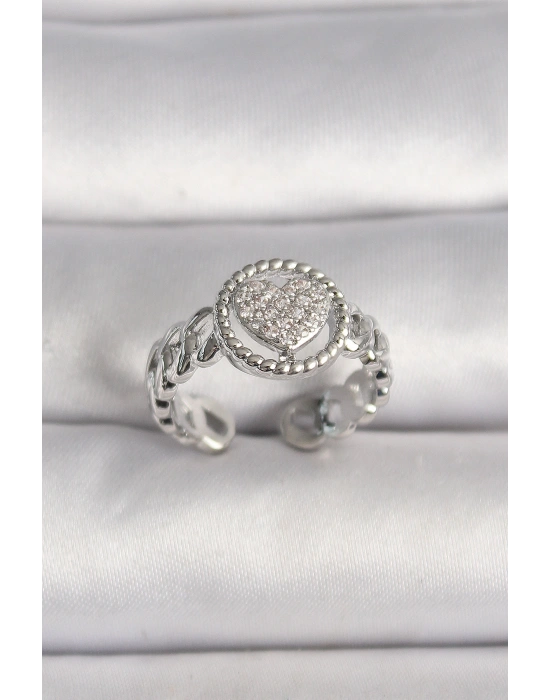 Pirinç Gümüş Renk Zincir Model Zirkon Taşlı Kalp Model Kadın Yüzük