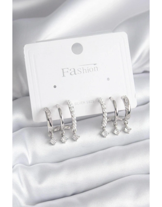 Pirinç Gümüş Renk Zirkon Taş Detay İncili Kadın Küpe