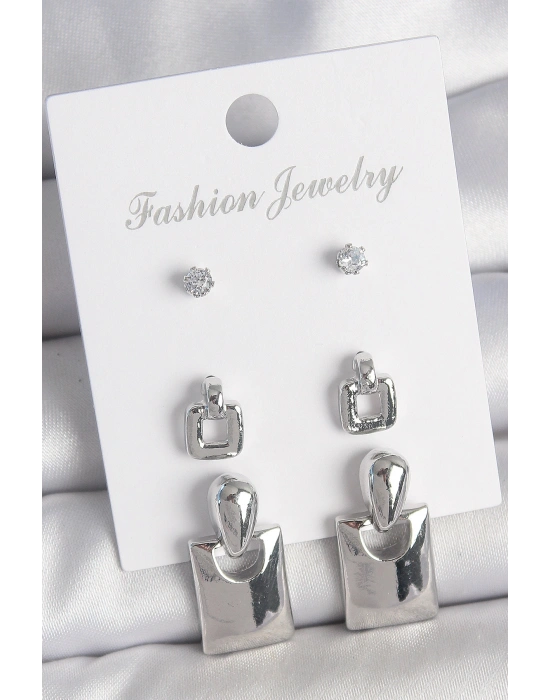 Pirinç Gümüş Renk Zirkon Taş Detay Sallantılı Kare Model 3 Çift Kadın Küpe Seti