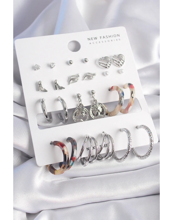 Pirinç Gümüş Renk Zirkon Taş Detaylı 12 Çift Kadın Küpe