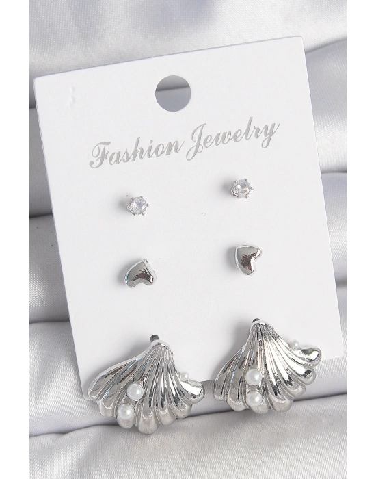 Pirinç Gümüş Renk Zirkon Taş Detaylı İnci Detaylı Deniz Kabuğu Model 3 Çift Kadın Küpe