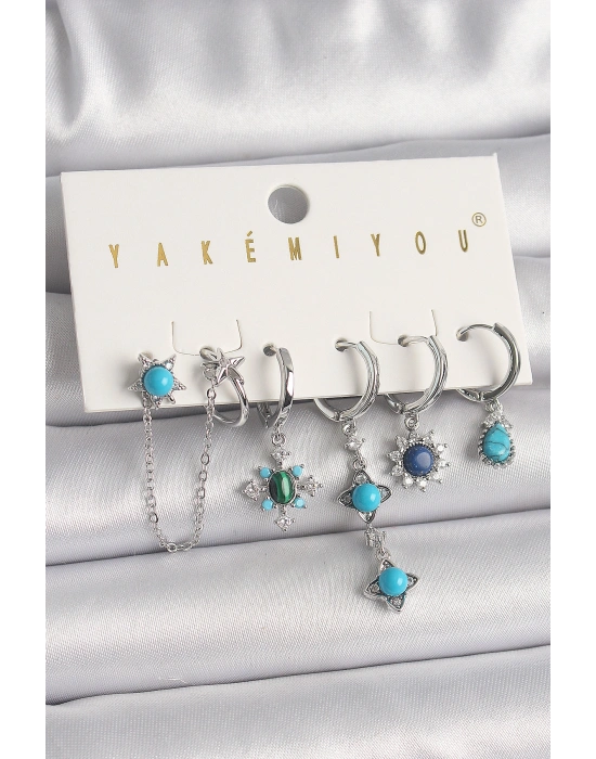 Pirinç Gümüş Renk Zirkon Taş Detaylı Mavi Boncuklu Çiçek Model VIP Seri Kadın Küpe Kombini