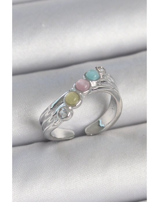 Pirinç Gümüş Renk Zirkon Taş Detaylı Renkli Mineli Ayarlanabilir Kadın Yüzük