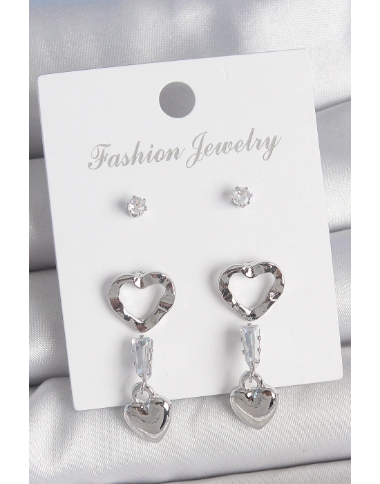 Pirinç Gümüş Renk Zirkon Taş Detaylı Sallantı Model 2 Çift Kadın Küpe Seti