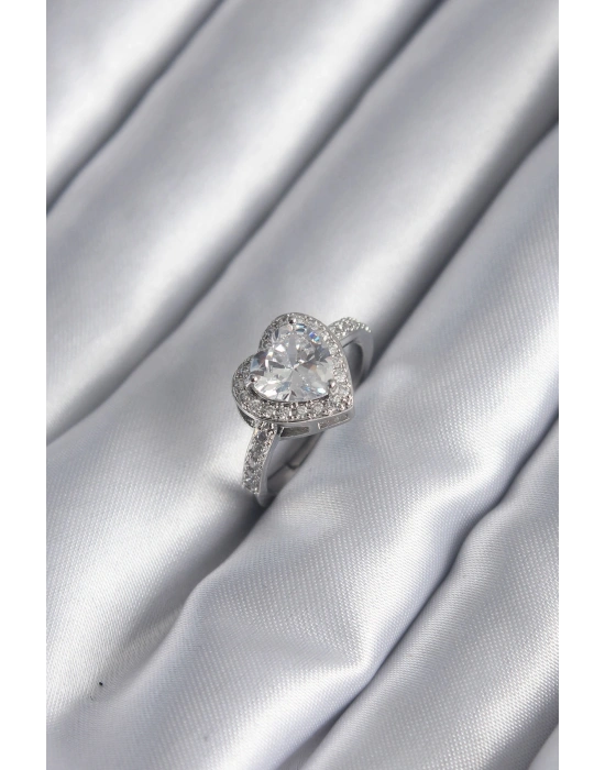 Pirinç Gümüş Renk Zirkon Taş Kalp Charm Model Kadın Yüzük