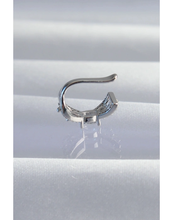 Pirinç Gümüş Renk Zirkon Taş Kaplama Earcuff Küpe
