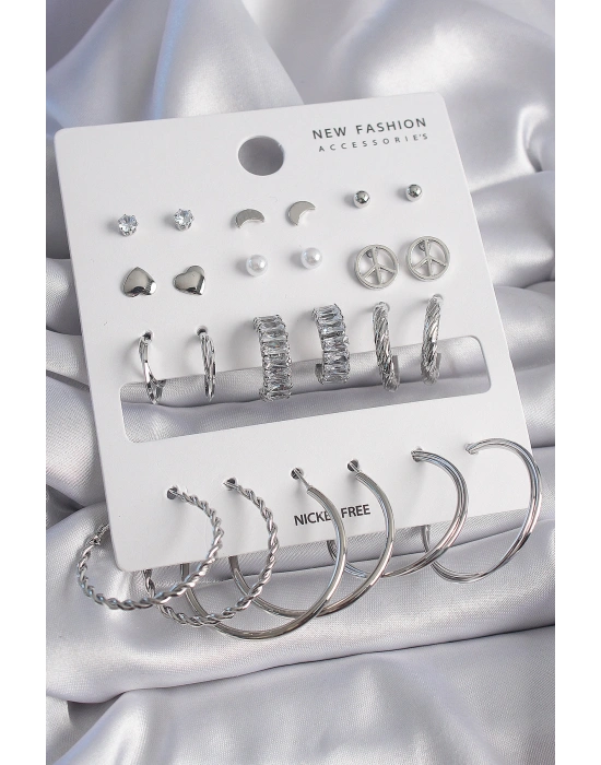 Pirinç Gümüş Renk Zirkon Taşlı 12 Çift Kadın Küpe Seti