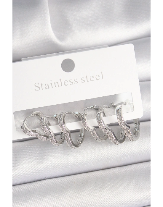 Pirinç Gümüş Renk Zirkon Taşlı 3 Çift Kalp Model Kadın Küpe