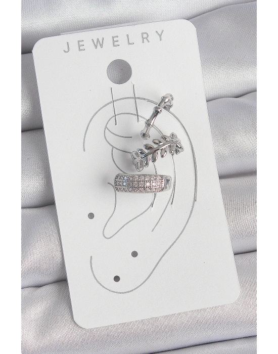 Pirinç Gümüş Renk Zirkon Taşlı 3Lü Model Yaprak Figür Kadın Kıkırdak Küpe