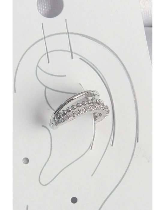 Pirinç Gümüş Renk Zirkon Taşlı 3Lü Sıralı Kadın Kıkırdak Küpe