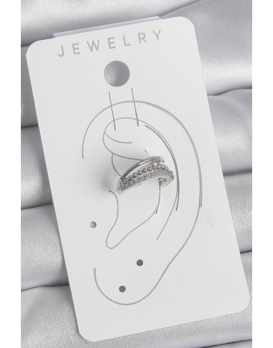 Pirinç Gümüş Renk Zirkon Taşlı 3Lü Sıralı Kadın Kıkırdak Küpe