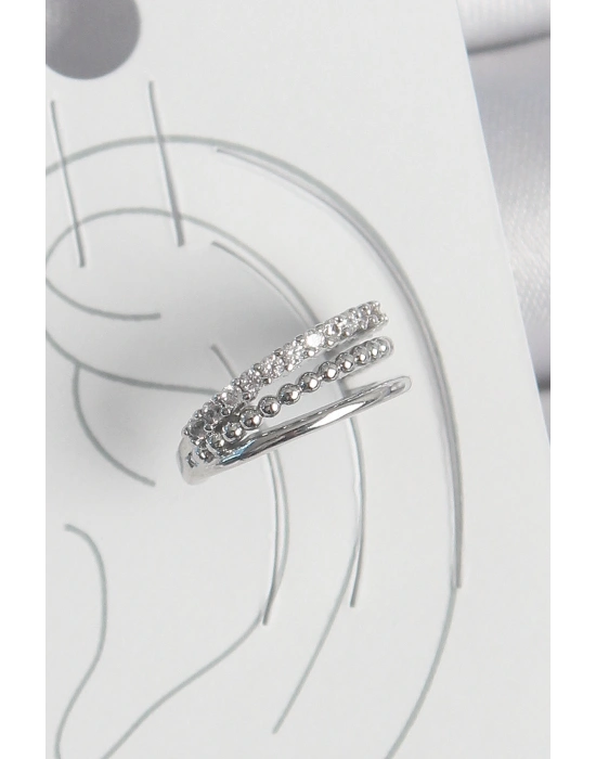 Pirinç Gümüş Renk Zirkon Taşlı 3Lü Sıralı Model Kadın Kıkırdak Küpe