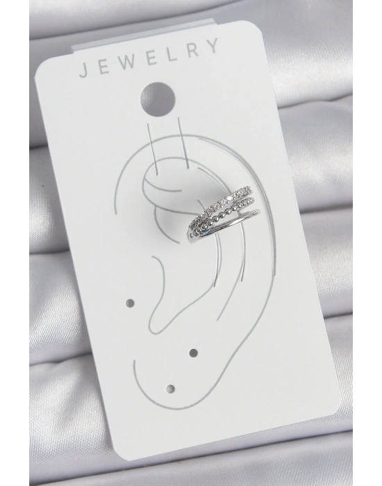 Pirinç Gümüş Renk Zirkon Taşlı 3Lü Sıralı Model Kadın Kıkırdak Küpe