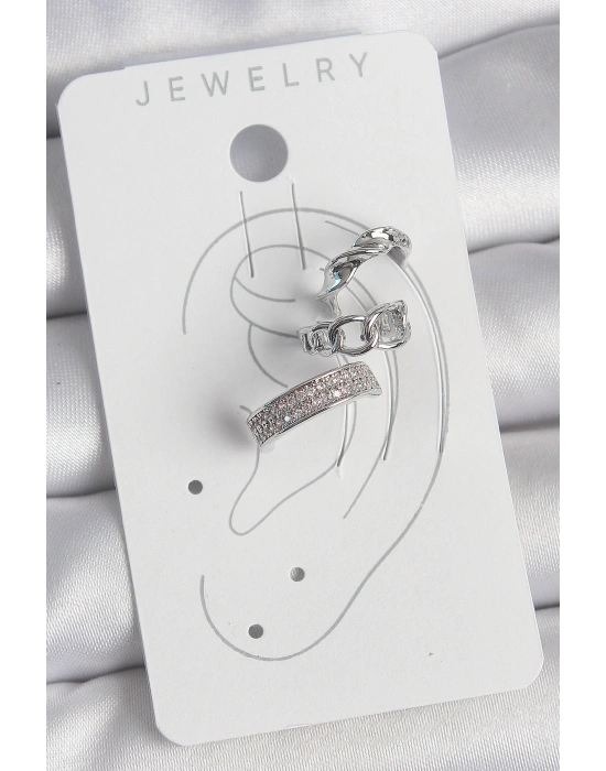 Pirinç Gümüş Renk Zirkon Taşlı 3Lü Zincir Sarmal Model Kadın Kıkırdak Küpe