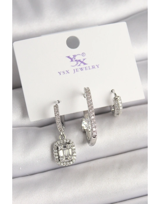 Pirinç Gümüş Renk Zirkon Taşlı Baget Halka Model 3Lü Kadın Kombin Küpe