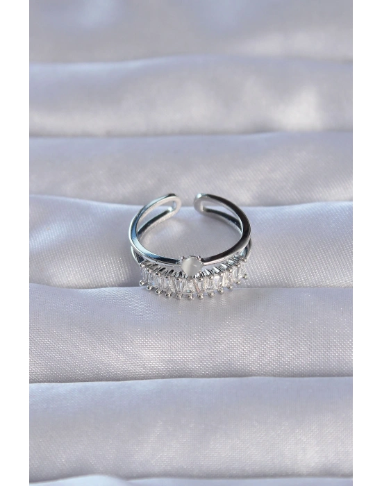 Pirinç Gümüş Renk Zirkon Taşlı Baget Su Yolu Model Ayarlanabilir Yüzük