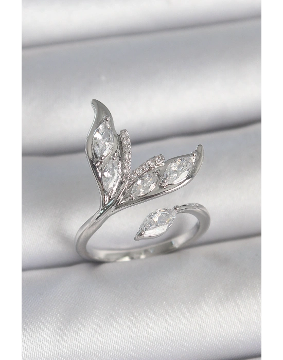 Pirinç Gümüş Renk Zirkon Taşlı Balık Kuyruğu Model Ayarlanabilir Kadın Yüzük