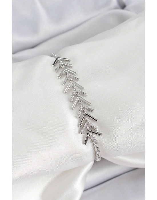 Pirinç Gümüş Renk Zirkon Taşlı Balık Sırtı Kadın Bileklik