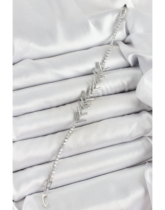 Pirinç Gümüş Renk Zirkon Taşlı Balık Sırtı Kadın Bileklik