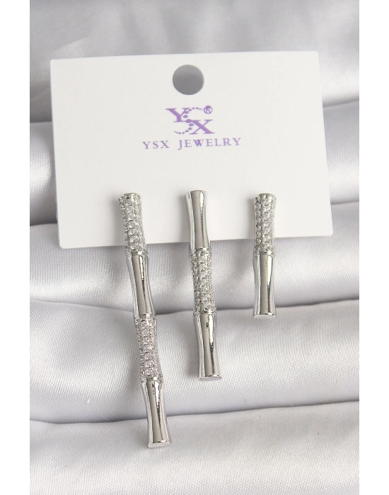 Pirinç Gümüş Renk Zirkon Taşlı Bambu Model 3Lü Kadın Kombin Küpe