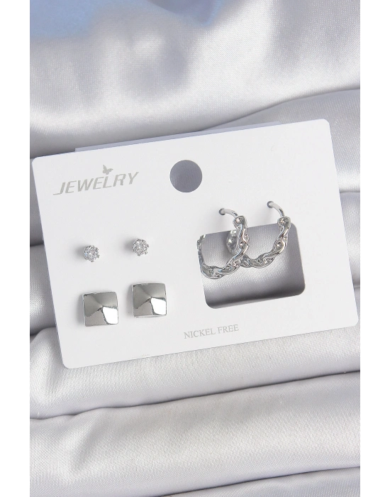 Pirinç Gümüş Renk Zirkon Taşlı Burgu Halka Model Kare Detay 3 Çift Kadın Küpe Seti