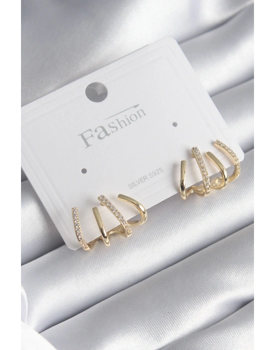 Pirinç Gümüş Renk Zirkon Taşlı Çatal Model Kadın Küpe