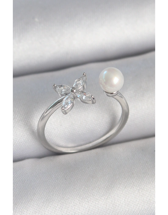 Pirinç Gümüş Renk Zirkon Taşlı Çiçek Model İnci Detay Ayarlanabilir Kadın Yüzük