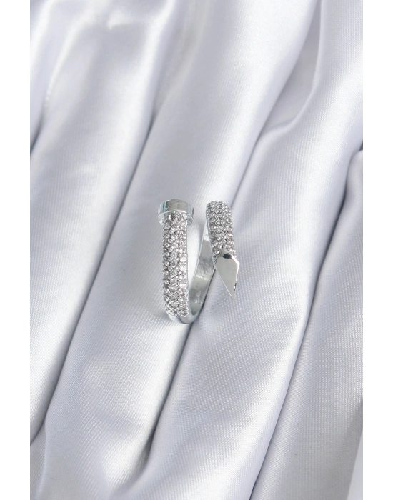 Pirinç Gümüş Renk Zirkon Taşlı Çivi Model Kadın Yüzük