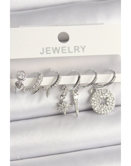 Pirinç Gümüş Renk Zirkon Taşlı Çoklu Figür Kadın Küpe Seti