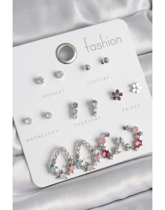 Pirinç Gümüş Renk Zirkon Taşlı Damla Model Çiçek Detay 7 Çift Kadın Küpe Seti