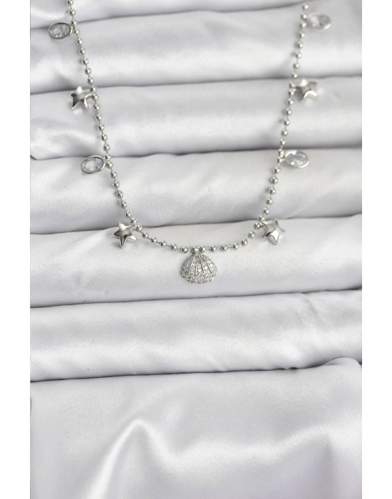 Pirinç Gümüş Renk Zirkon Taşlı Deniz Kabuğu Model Kadın Kolye