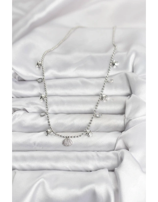 Pirinç Gümüş Renk Zirkon Taşlı Deniz Kabuğu Model Kadın Kolye