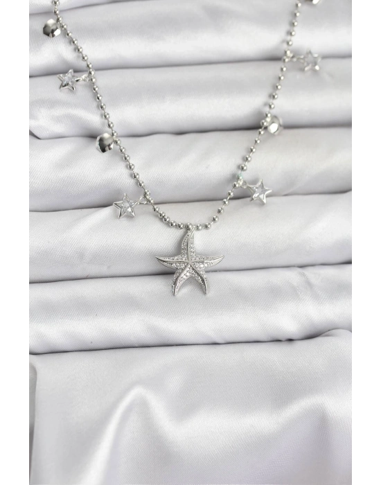 Pirinç Gümüş Renk Zirkon Taşlı Deniz Yıldızı Model Kadın Kolye