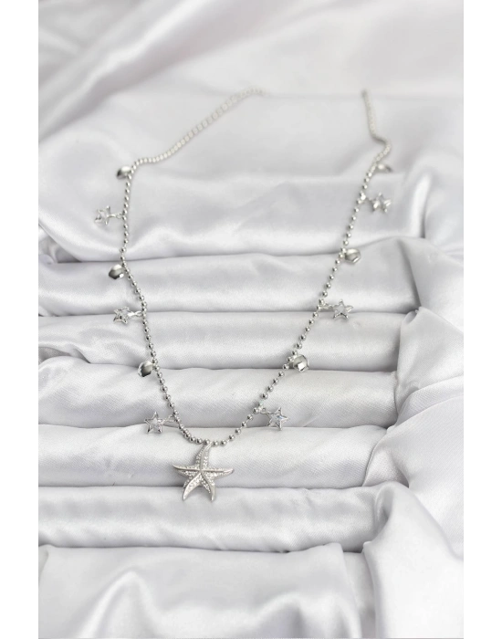 Pirinç Gümüş Renk Zirkon Taşlı Deniz Yıldızı Model Kadın Kolye