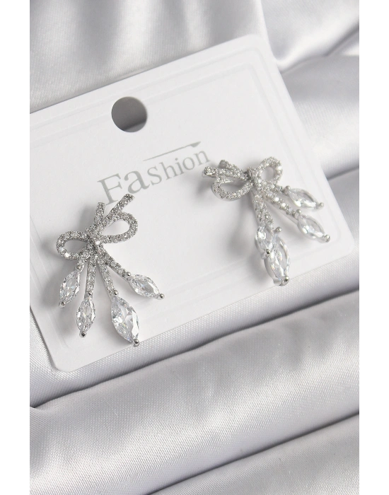 Pirinç Gümüş Renk Zirkon Taşlı Düğüm Model Damla Zirkon Taşlı Kadın Küpe