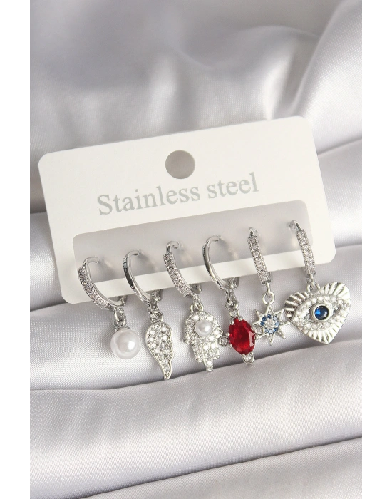 Pirinç Gümüş Renk Zirkon Taşlı Fatma Ana El Figür Kadın Küpe Seti