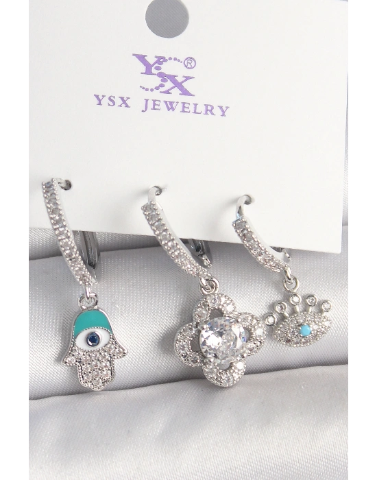 Pirinç Gümüş Renk Zirkon Taşlı Fatma Ana Yonca Figür Göz Detay 3Lü Kadın Kombin Küpe