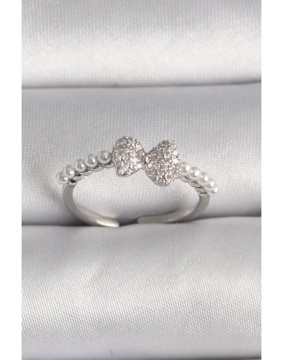 Pirinç Gümüş Renk Zirkon Taşlı Fiyonk İnci Detay Ayarlanabilir Yüzük