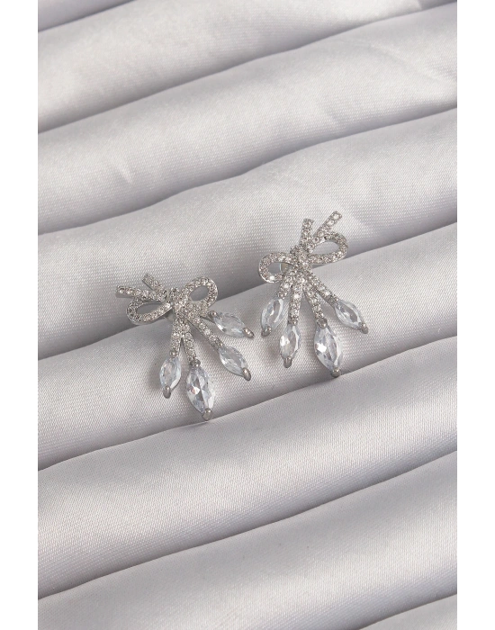 Pirinç Gümüş Renk Zirkon Taşlı Fiyonk Küpe