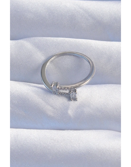 Pirinç Gümüş Renk Zirkon Taşlı Geometrik Ayarlanabilir Yüzük