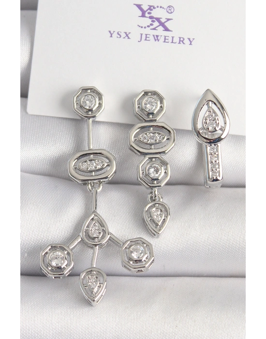 Pirinç Gümüş Renk Zirkon Taşlı Geometrik Model 3Lü Kadın Kombin Küpe