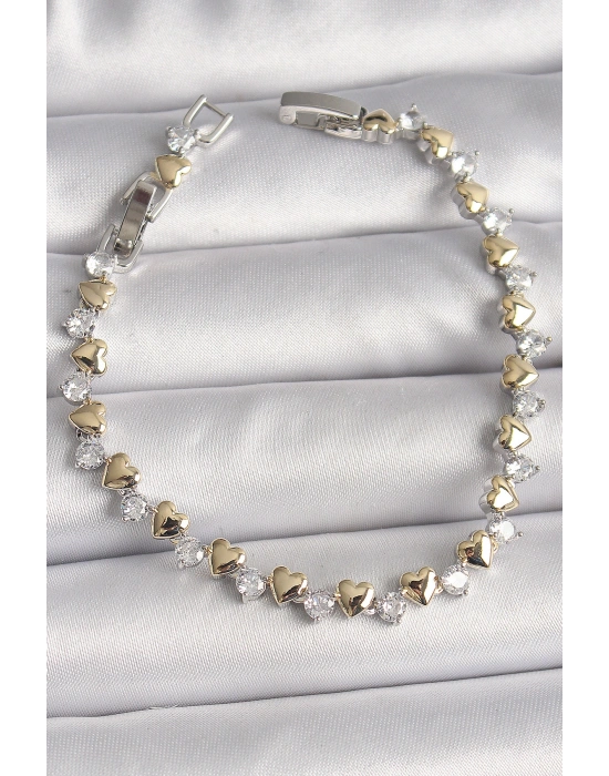 Pirinç Gümüş Renk Zirkon Taşlı Gold Kalpli VIP Seri Kadın Bileklik