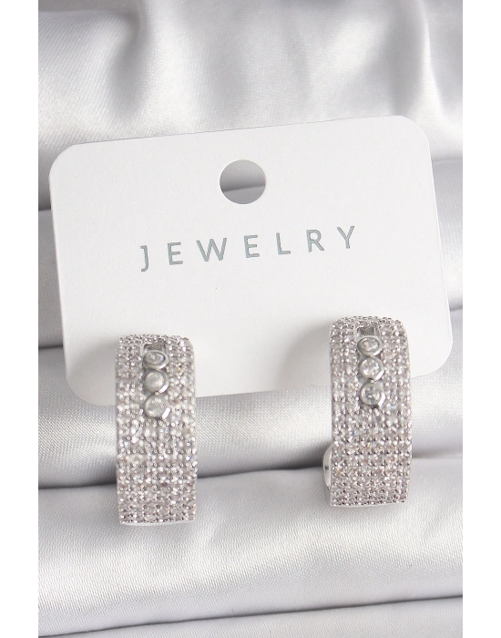 Pirinç Gümüş Renk Zirkon Taşlı Halka Messika Model Kadın Küpe