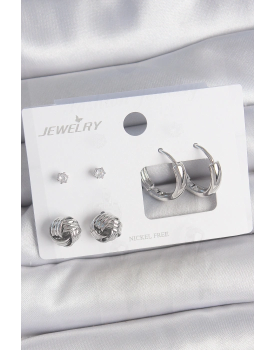 Pirinç Gümüş Renk Zirkon Taşlı Halka Model 3 Çift Kadın Küpe Seti