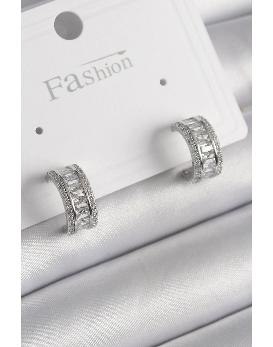 Pirinç Gümüş Renk Zirkon Taşlı Halka Model Kadın Küpe