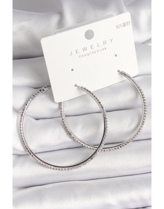 Pirinç Gümüş Renk Zirkon Taşlı Halka Model Kadın Küpe