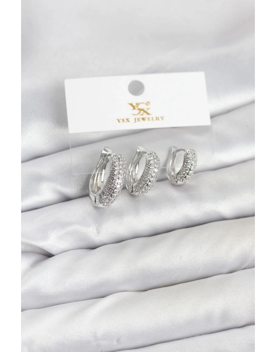 Pirinç Gümüş Renk Zirkon Taşlı Halka Model YSX Trio Küpe Seti