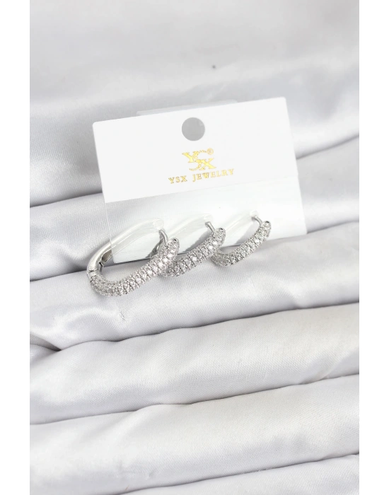 Pirinç Gümüş Renk Zirkon Taşlı Halka Model YSX Trio Küpe Seti