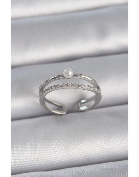 Pirinç Gümüş Renk Zirkon Taşlı İnci Detay Ayarlanabilir Model Kadın Yüzük