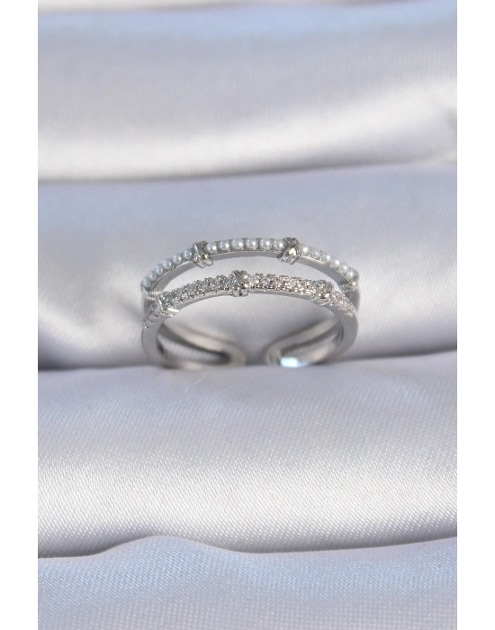 Pirinç Gümüş Renk Zirkon Taşlı İnci Detay Kadın Yüzük